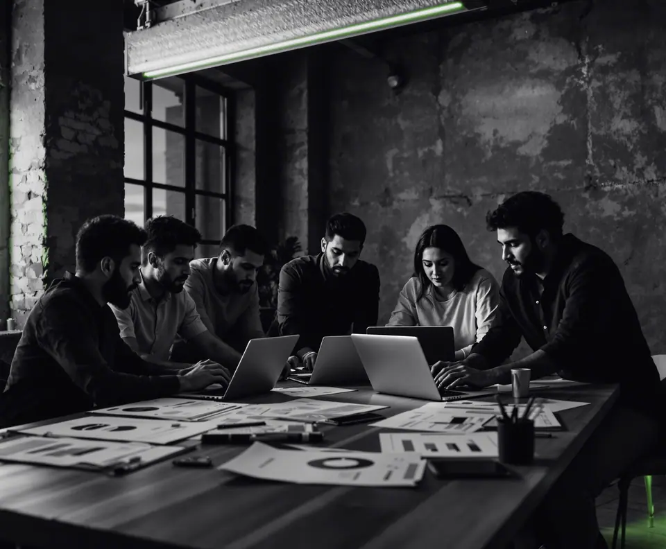 Equipo de una agencia 360 analizando gráficos de resultados en computadores portátiles