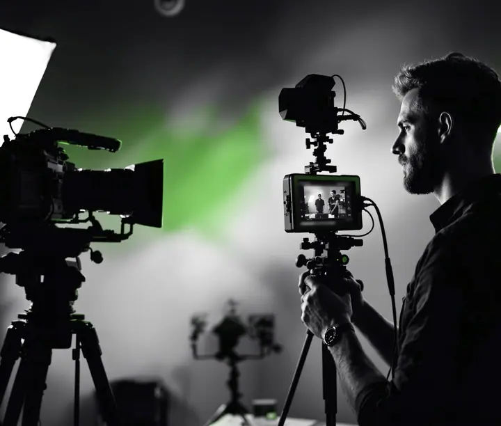 Camarógrafo revisa la toma de un video corporativo en un estudio con dos cámaras y luz de relleno: la dirección humana de una agencia creativa