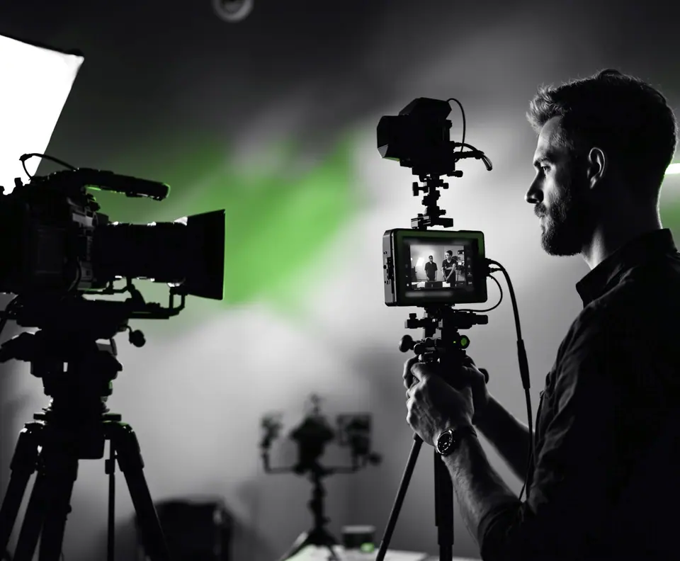 Camarógrafo revisa la toma de un video corporativo en un estudio con dos cámaras y luz de relleno: la dirección humana de una agencia creativa