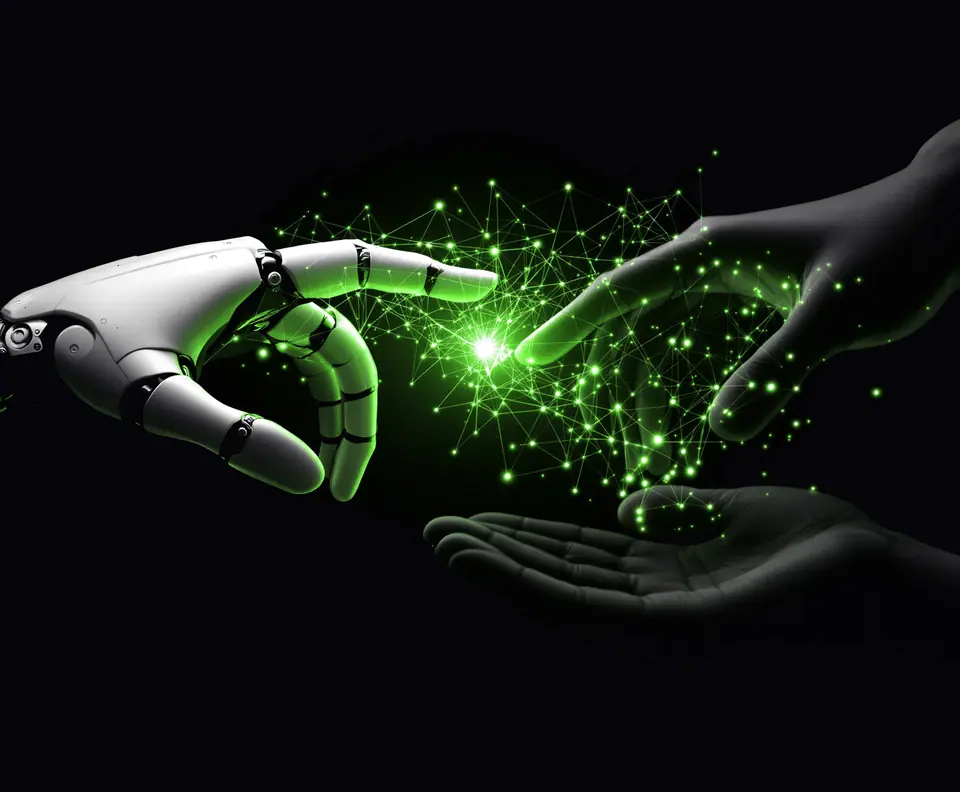 Una mano robótica y una mano humana se acercan a una red de nodos iluminada: la colaboración entre personas e IA que implementa una agencia de IA