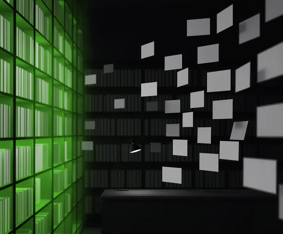 Estantes de carpetas iluminados en verde y hojas que vuelan hacia una sala oscura: caso de software a la medida para una agencia de seguros