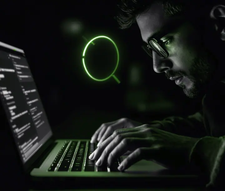 Especialista escribe en su portátil junto al ícono iluminado de una lupa de búsqueda: el día a día de una agencia SEO, GEO y AEO