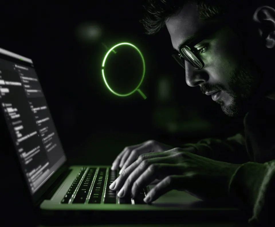 Specialist typing on a laptop beside a glowing search icon, the day-to-day of an AI SEO agency working on SEO, GEO and AEO