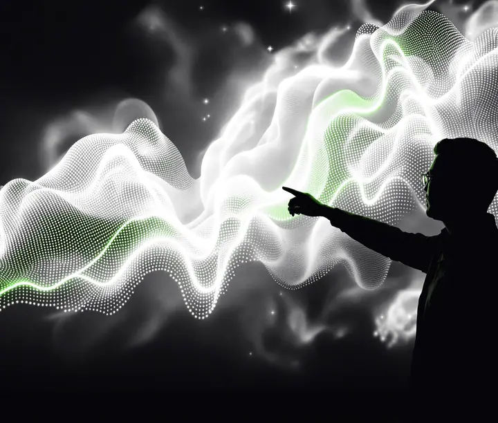 Analista en silueta señala una visualización de datos en forma de ondas proyectada en la pared, con una tendencia en verde: servicio de analítica web