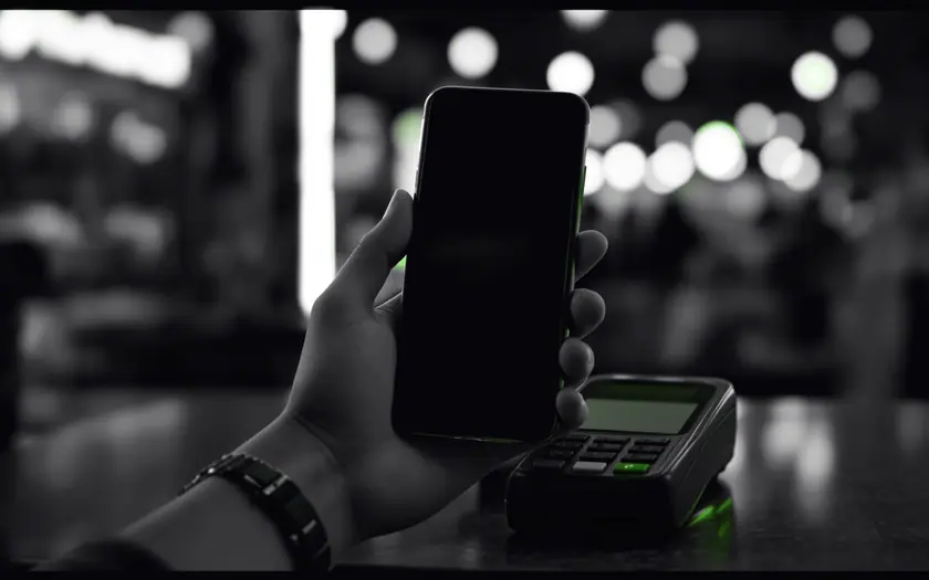 Fintech en Colombia: pago digital desde un celular en una tienda de barrio, con la señal de la transacción resaltada en verde