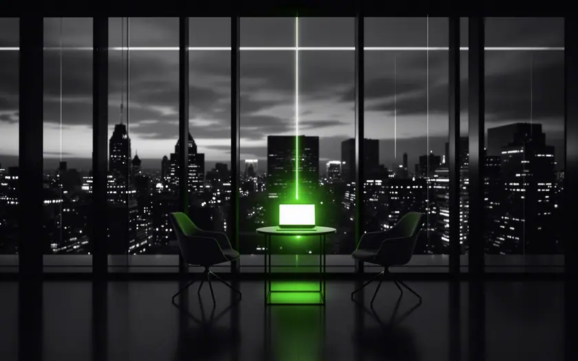 B2B lead generation strategies: empty meeting room with lines of light connecting several distant offices to a single conversation