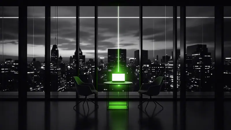 B2B lead generation strategies: empty meeting room with lines of light connecting several distant offices to a single conversation