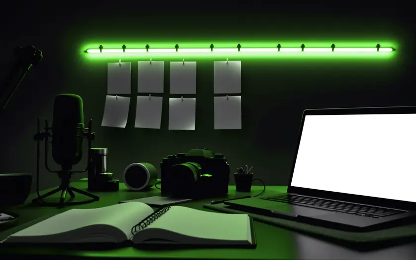 Marketing de contenidos: escritorio creativo con cuaderno, cámara, micrófono y portátil listos para producir contenido de marca