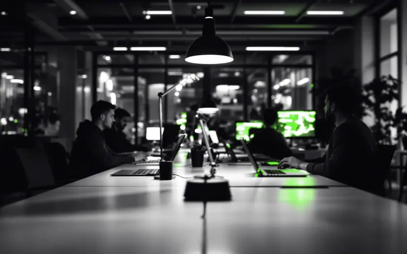 Qué es staffing: equipo dedicado de tecnología y marketing trabajando en una oficina, con una lámpara verde que marca al nuevo integrante