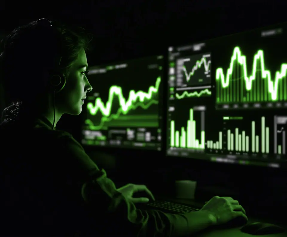 Especialista con audífonos revisa gráficas de campañas en dos monitores: la medición detrás de cada caso de éxito de marketing digital