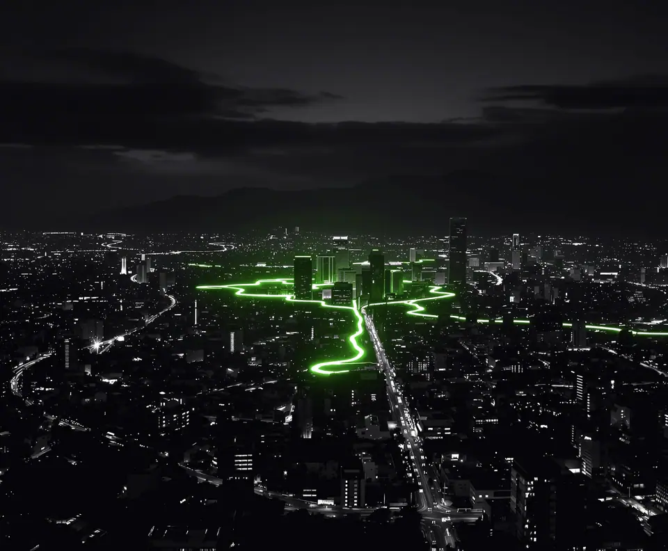 City at night from above, with mountains and lines of light between towers: Colombia Fintech communications strategy case study