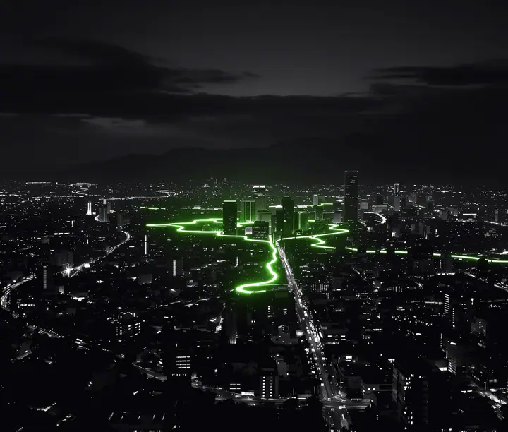 Ciudad de noche vista desde lo alto, con montañas y líneas de luz entre torres: caso de estrategia de comunicación de Colombia Fintech