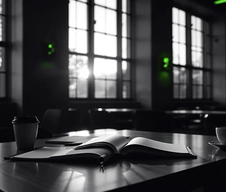 Mesa con un libro abierto y café junto a los ventanales de una biblioteca: caso de estrategia de marca de la fintech Credyty