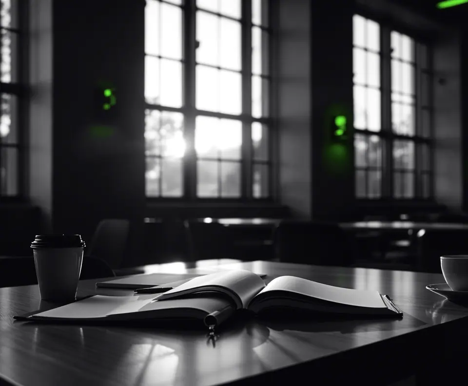 Mesa con un libro abierto y café junto a los ventanales de una biblioteca: caso de estrategia de marca de la fintech Credyty