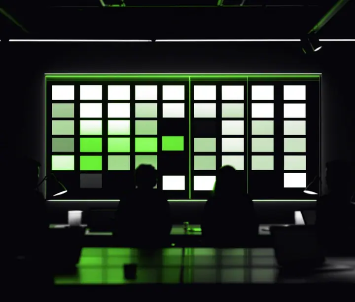 Sales team seen from behind facing a large screen with a kanban board of blank cards: DataLab custom CRM case study