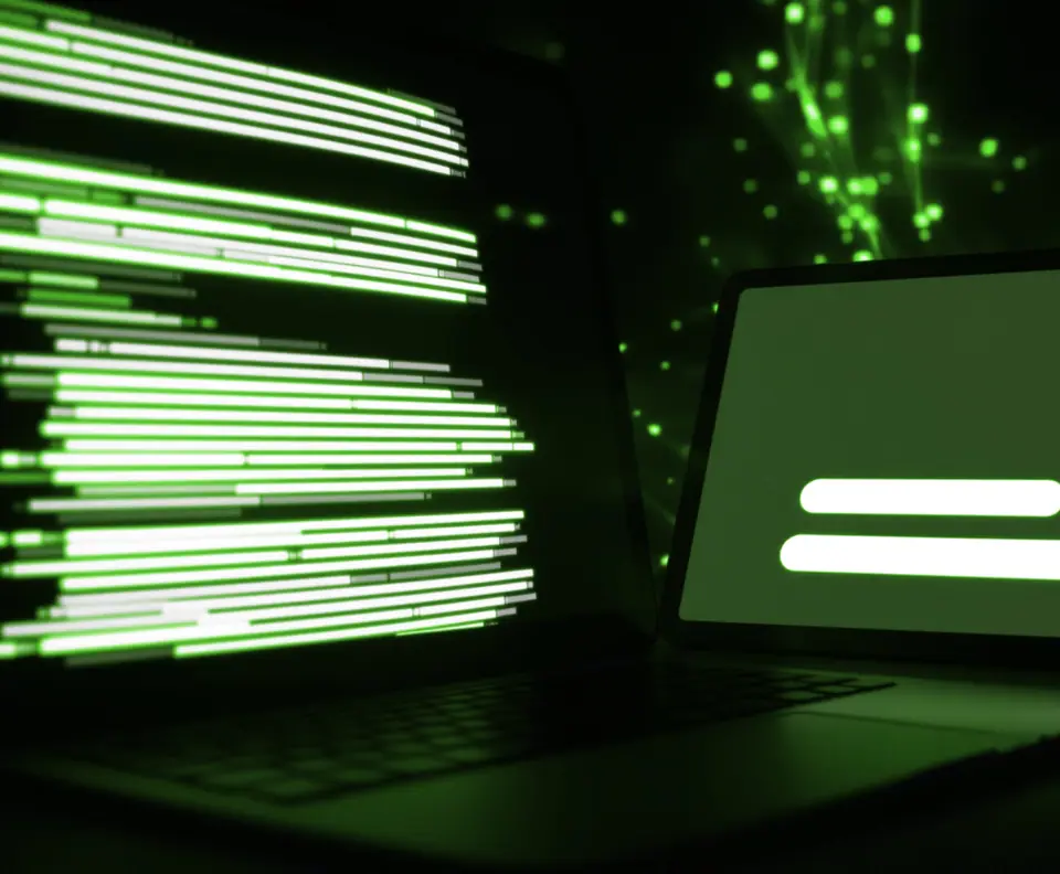 Portátil con líneas de código iluminadas en verde junto a una tableta con una interfaz sencilla: desarrollo de MVP con IA en marcha
