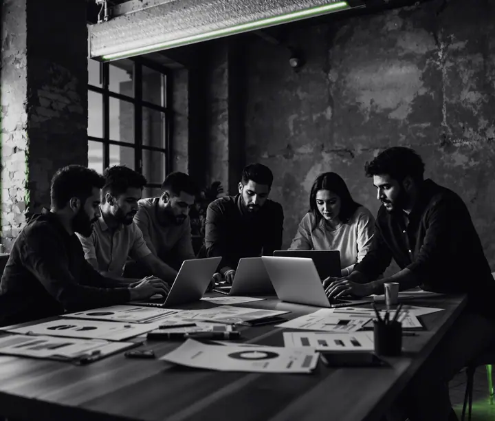 Digital marketing agency team reviewing performance charts on laptops