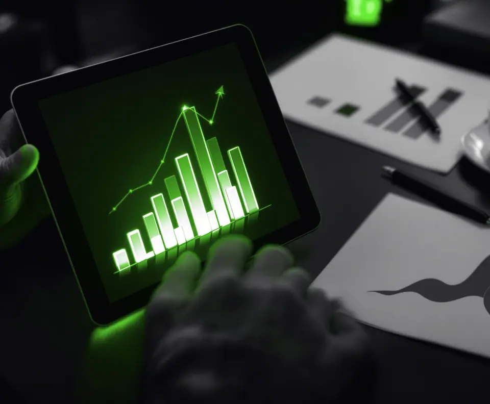 Hands holding a tablet with a rising bar chart over printed reports, the numbers behind our digital marketing case studies