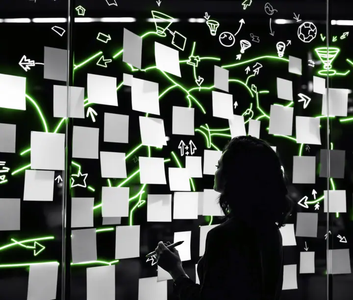 Consultant holding a marker in front of a glass wall of sticky notes, arrows and sketched funnels in a digital marketing consulting services session