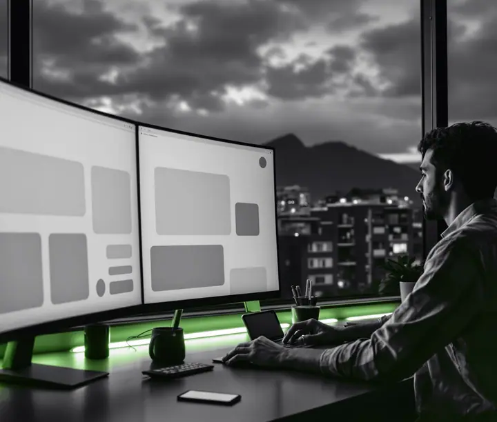 Diseño de páginas web en Bogotá: un diseñador revisa la maqueta de un sitio en una oficina de la ciudad, con los cerros orientales al fondo