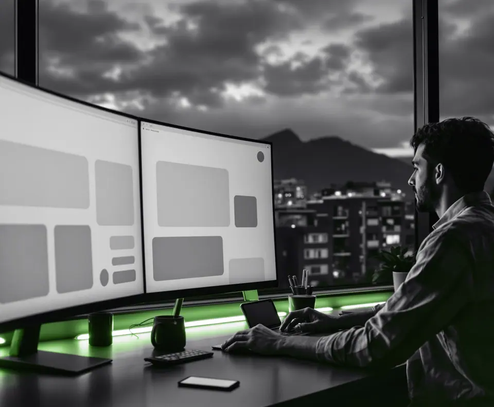 Diseño de páginas web en Bogotá: un diseñador revisa la maqueta de un sitio en una oficina de la ciudad, con los cerros orientales al fondo
