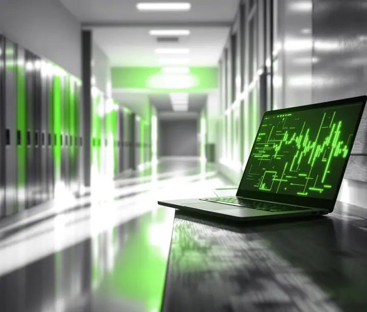 Laptop showing charts in a school hallway lined with lockers: Educapital SaaS transaction core for schools case study