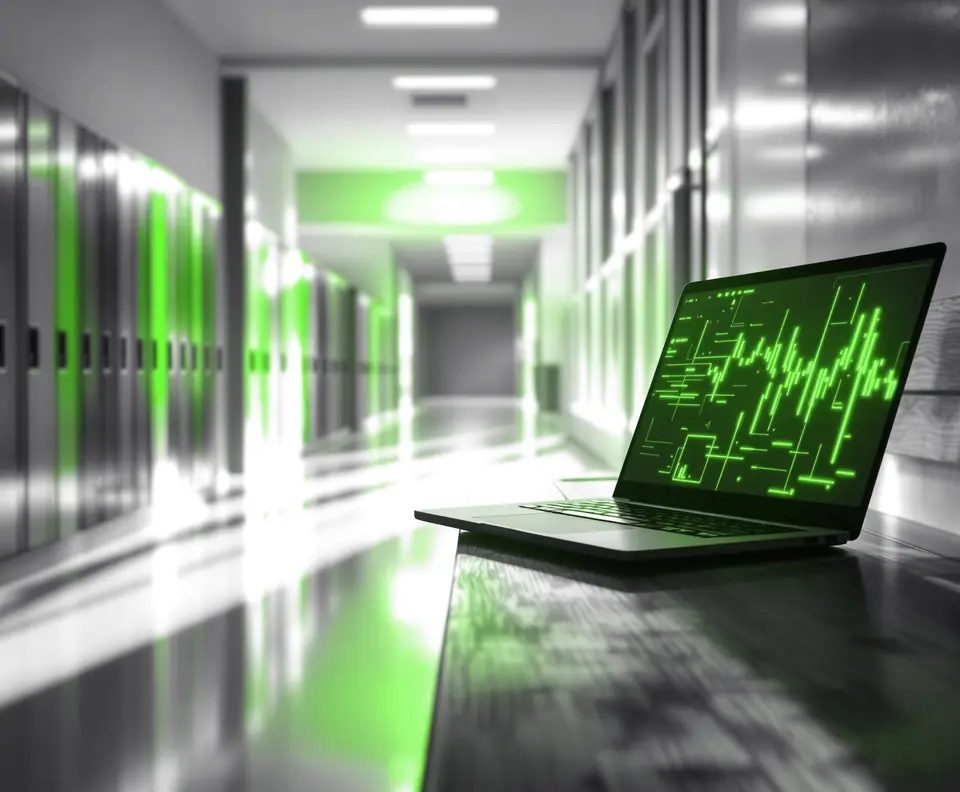 Laptop showing charts in a school hallway lined with lockers: Educapital SaaS transaction core for schools case study