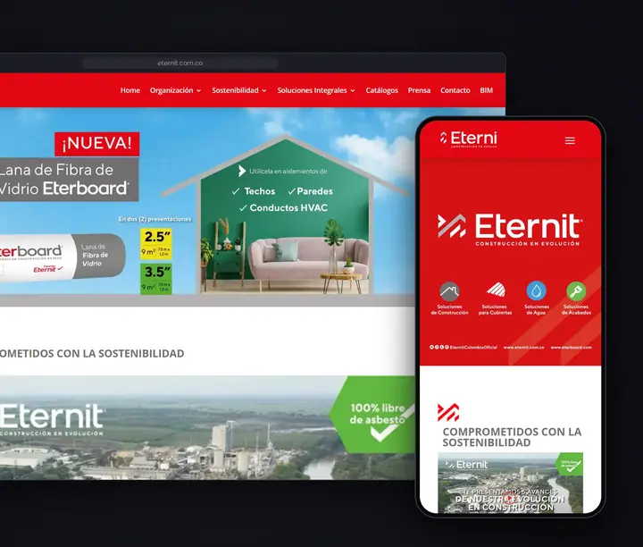 Sitio corporativo de Eternit en escritorio y celular: uno de nuestros ejemplos de páginas web