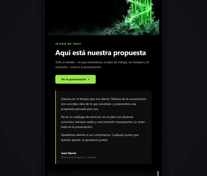 Correo de DataLab «Aquí está nuestra propuesta»: ejemplo de email marketing pensado para el celular