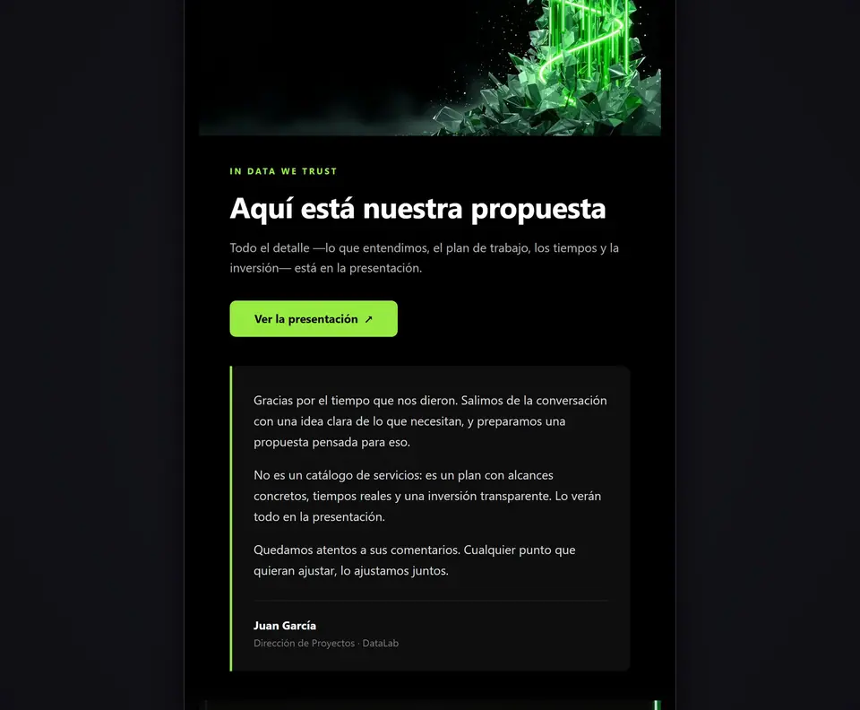 Correo de DataLab «Aquí está nuestra propuesta»: ejemplo de email marketing pensado para el celular