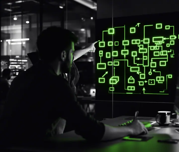 Dos desarrolladores revisan en pantalla el diagrama de arquitectura de un sistema, el día a día de una empresa de desarrollo de software