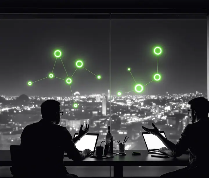 Equipo de desarrollo de software trabajando de noche en una oficina de Bogotá, con la ciudad iluminada al fondo