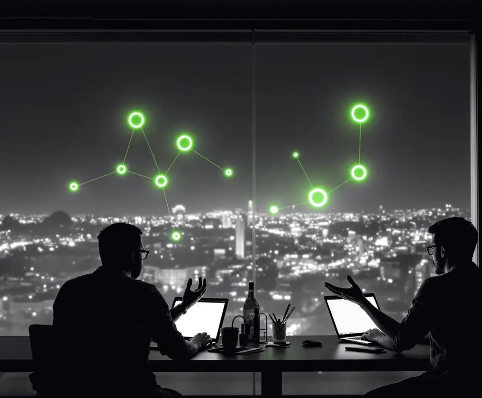 Equipo de desarrollo de software trabajando de noche en una oficina de Bogotá, con la ciudad iluminada al fondo
