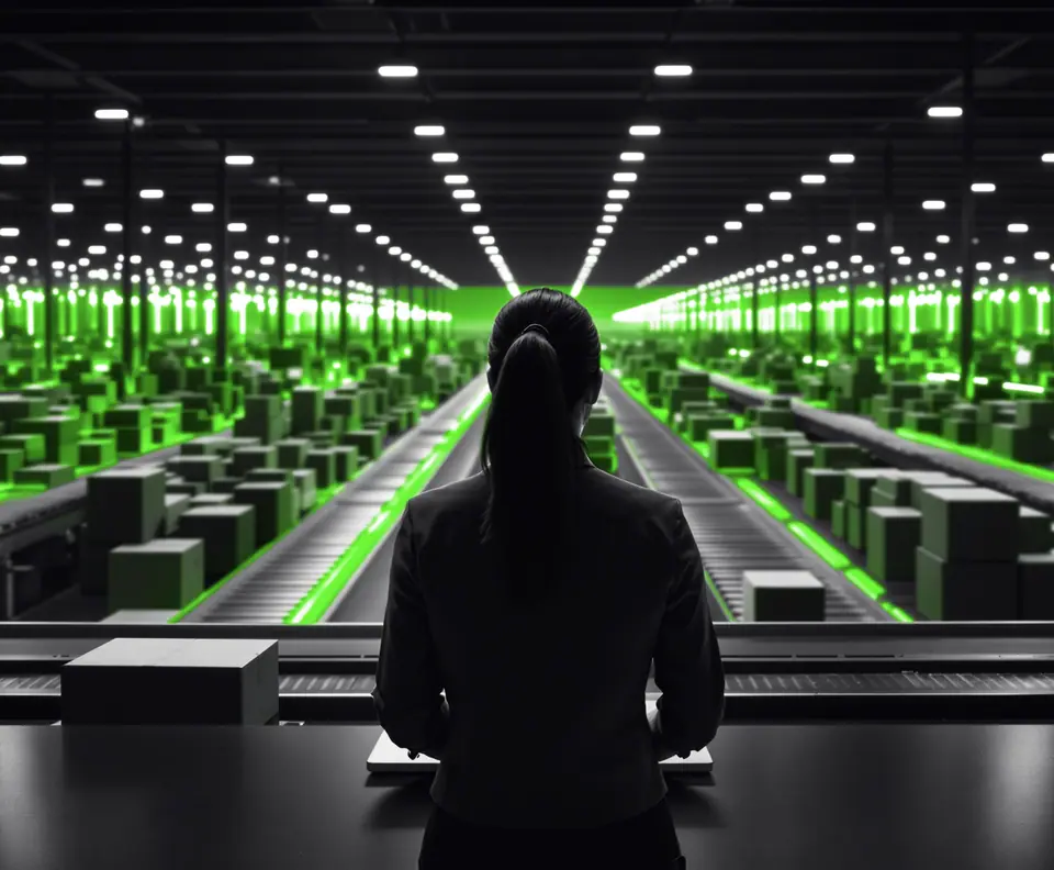 Parcel logistics hub at night with boxes on conveyor belts and a professional checking her laptop: Envía LinkedIn social selling case study