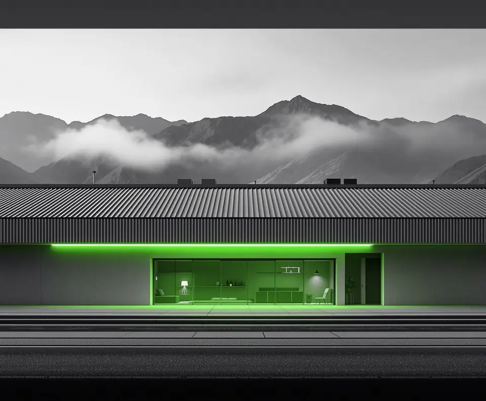 Single-story building with a corrugated roof and mountains behind: Eternit corporate WordPress website case study