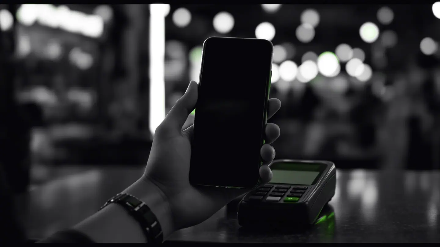 Fintech en Colombia: pago digital desde un celular en una tienda de barrio, con la señal de la transacción resaltada en verde