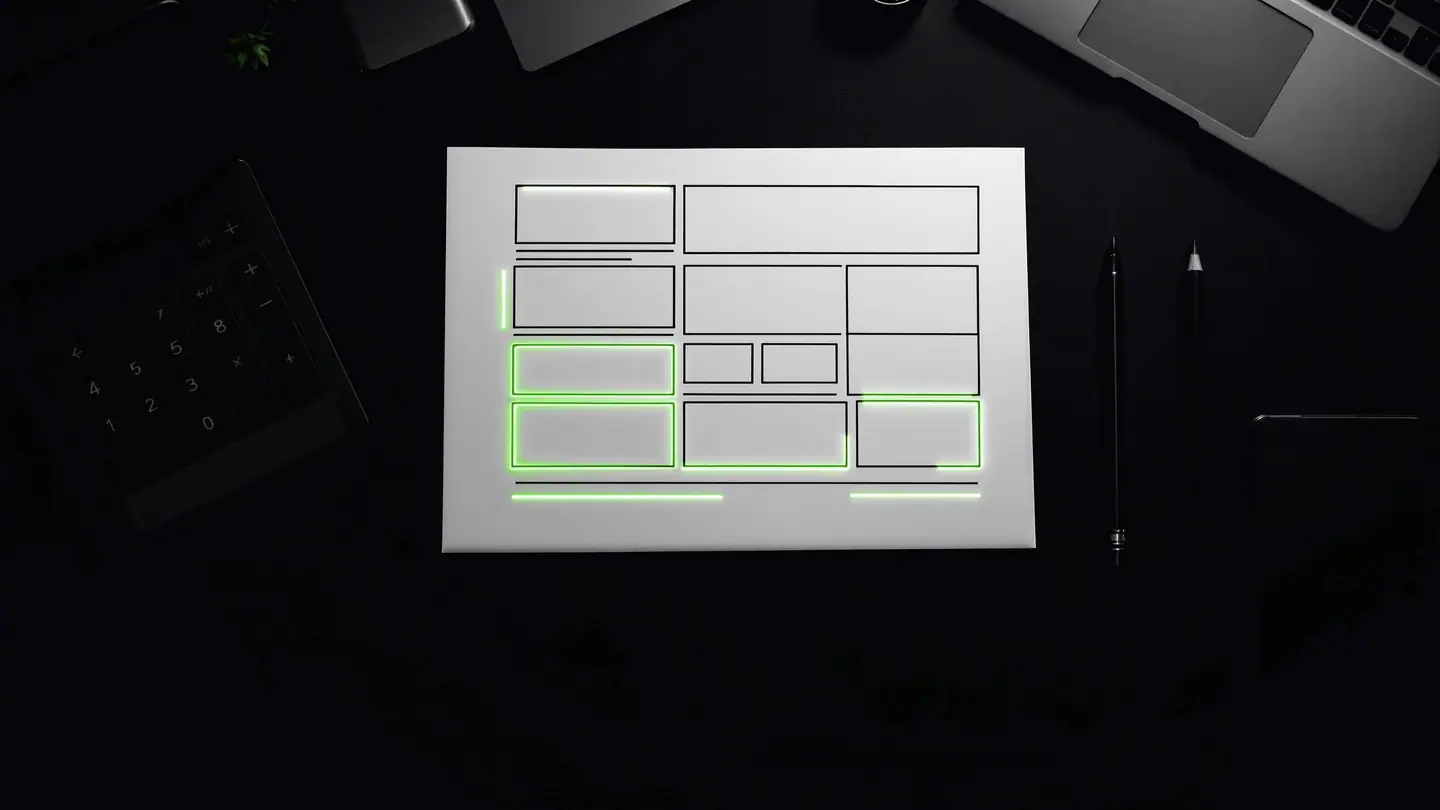 Designer's desk with website wireframes, a calculator and a laptop, used to estimate how much a website costs
