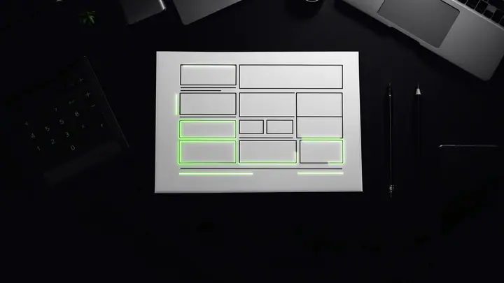 Designer's desk with website wireframes, a calculator and a laptop, used to estimate how much a website costs