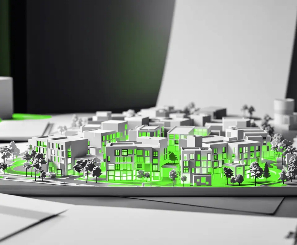 Neighborhood scale model on a design desk with papers and notebooks: Hub Proptech brand identity case study