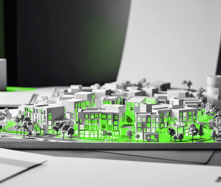 Maqueta de un barrio sobre una mesa de diseño con hojas y cuadernos: caso de identidad de marca de Hub Proptech