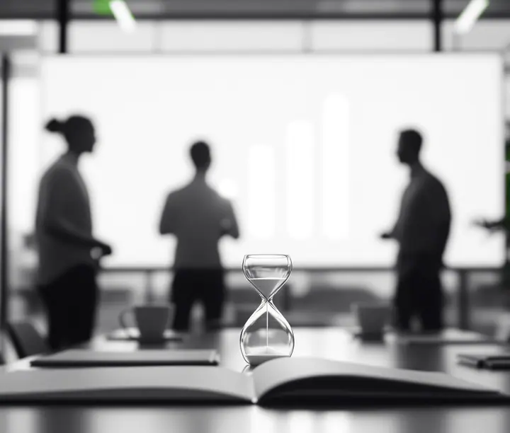 Hourglass on a meeting table and consultants facing a screen with abstract bars: IDDEA time tracking and profitability platform case study