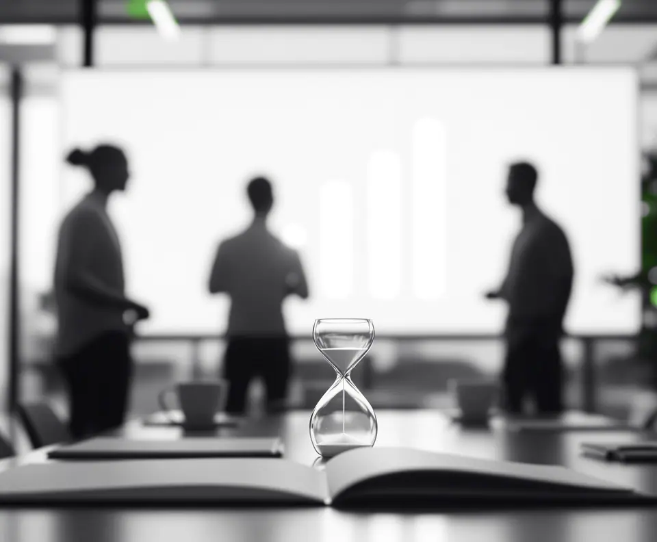 Hourglass on a meeting table and consultants facing a screen with abstract bars: IDDEA time tracking and profitability platform case study
