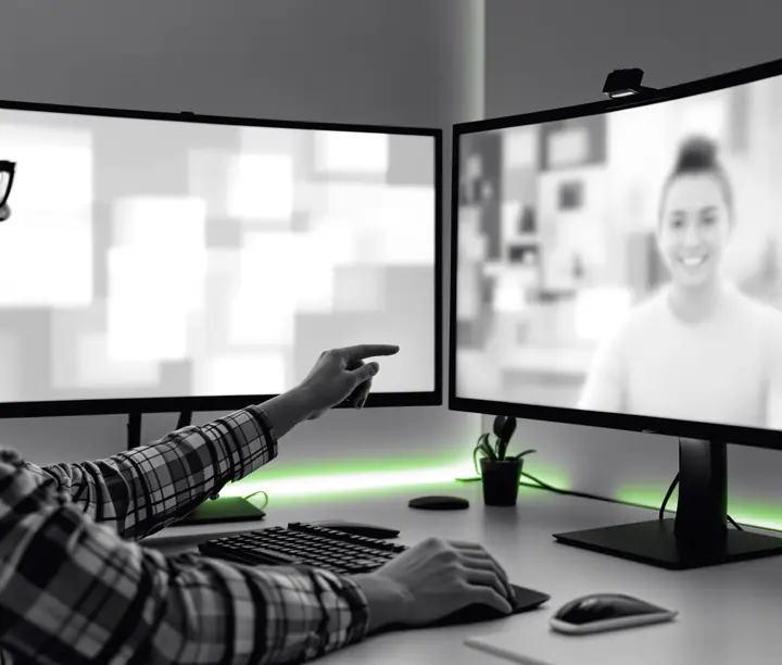 A developer points at his monitor while talking with a remote teammate on a video call, a typical day with IT staff augmentation services