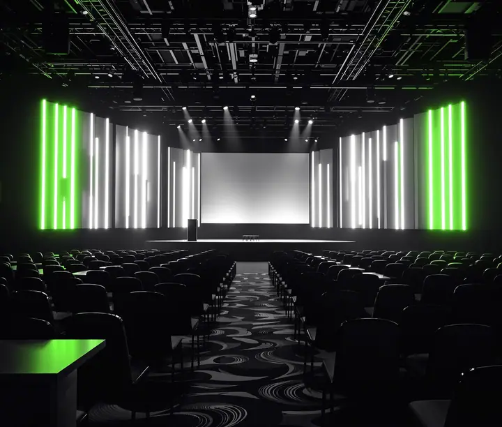 Auditorio de conferencias vacío con escenario, pantalla y paneles de luz: caso de redes sociales de Latam Fintech Hub