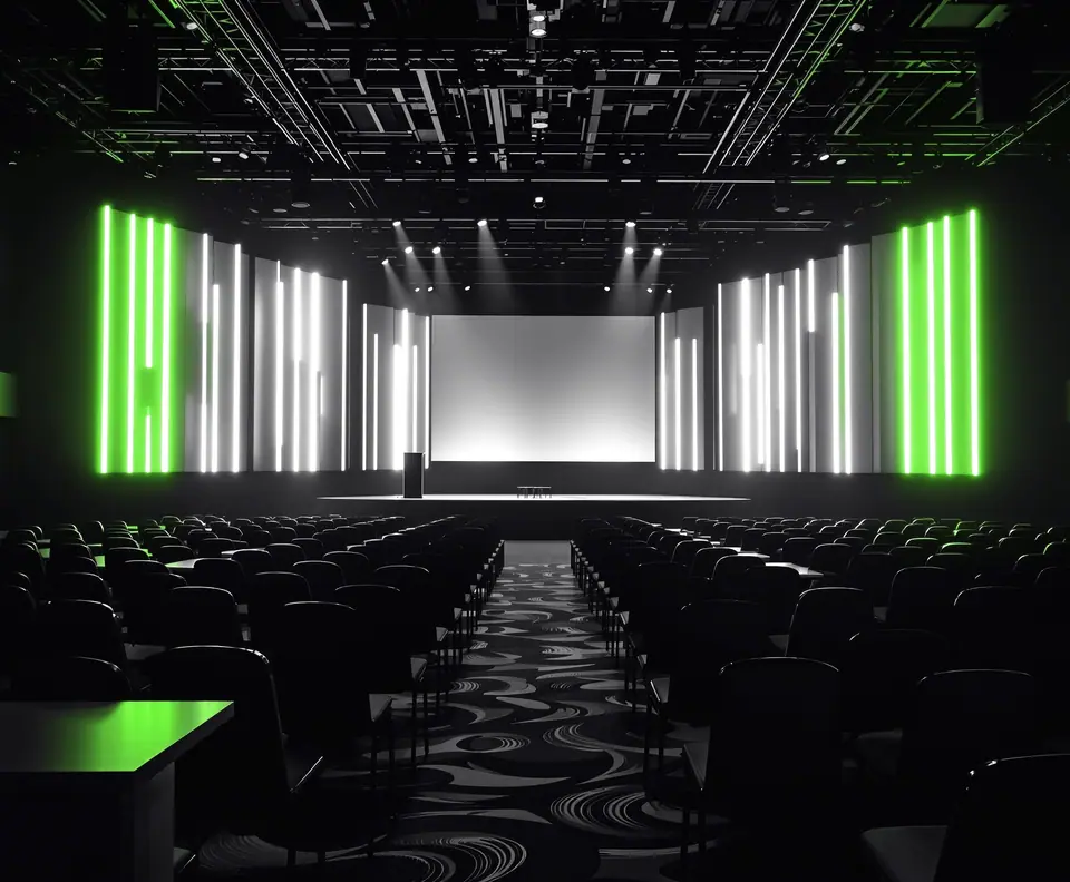 Auditorio de conferencias vacío con escenario, pantalla y paneles de luz: caso de redes sociales de Latam Fintech Hub