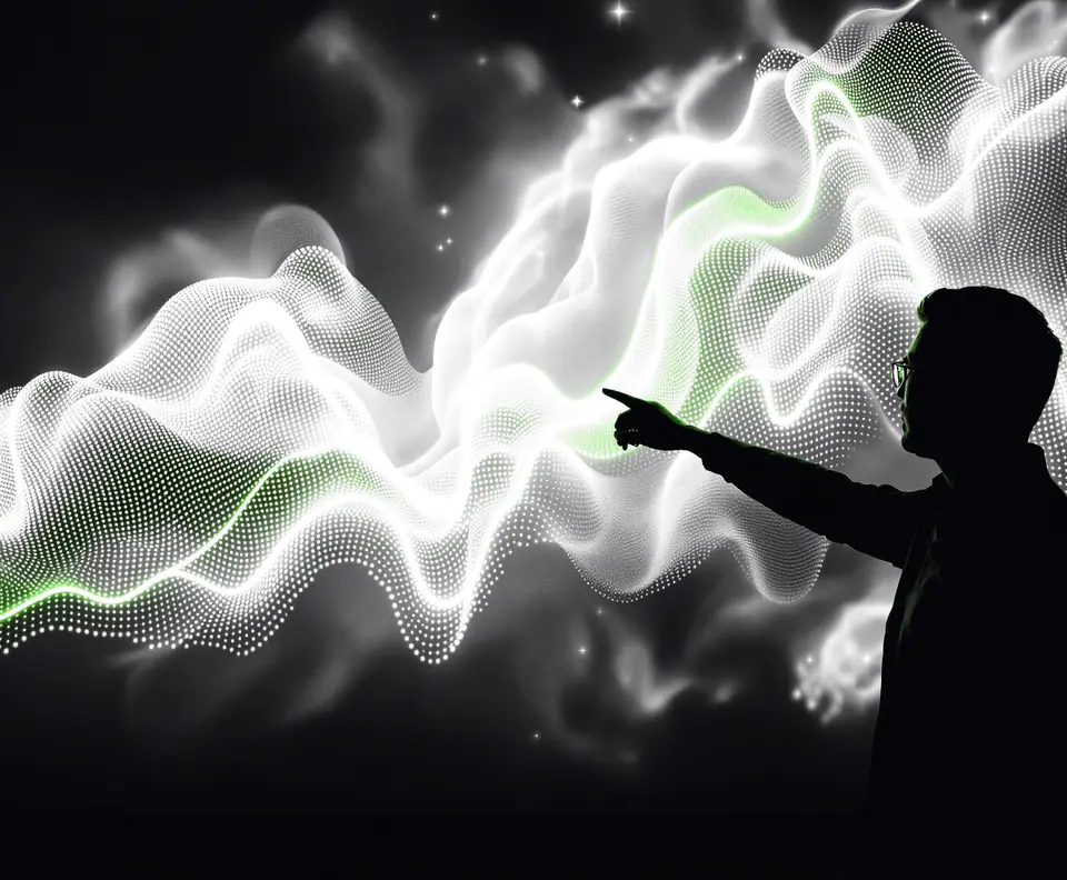 Silhouetted analyst pointing at a wall-sized wave visualization of data with a green trend line, part of our marketing analytics consulting
