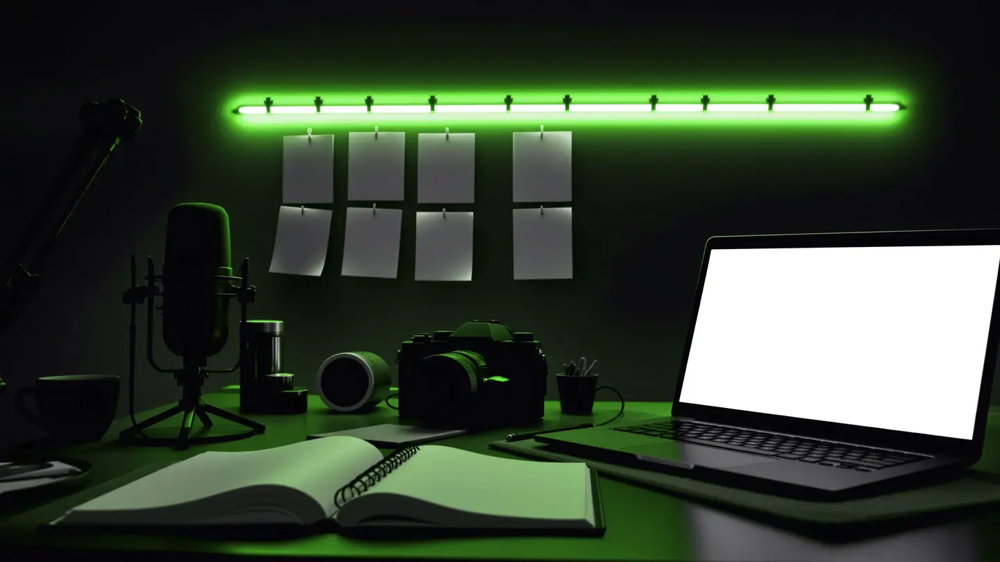 Marketing de contenidos: escritorio creativo con cuaderno, cámara, micrófono y portátil listos para producir contenido de marca