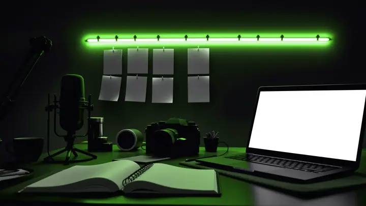 Marketing de contenidos: escritorio creativo con cuaderno, cámara, micrófono y portátil listos para producir contenido de marca