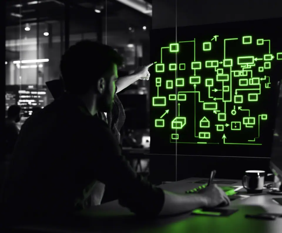Two developers reviewing a system architecture diagram on screen, day-to-day work at a nearshore software development company