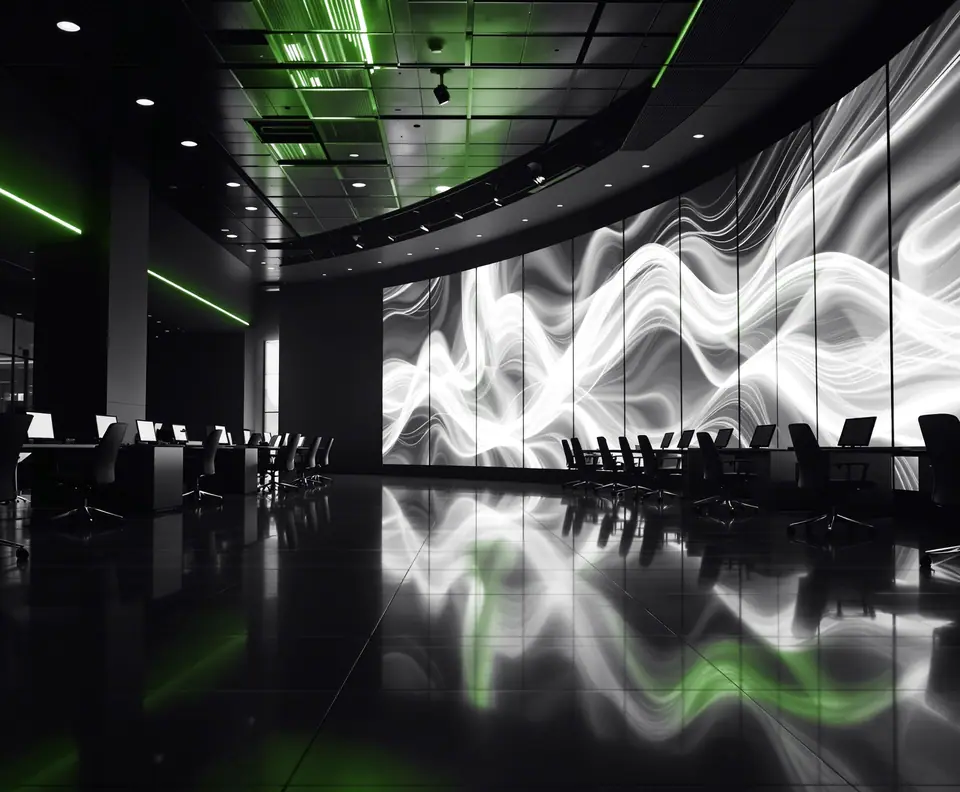 Empty trading room with a wall of screens showing waves of light: nuam dedicated digital team case study